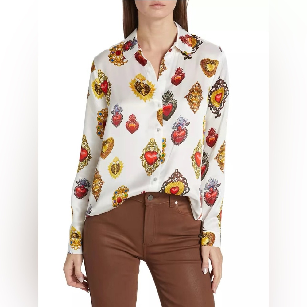 NWT L'AGENCE Tyler Silk Blouse White Multi Large Jewel